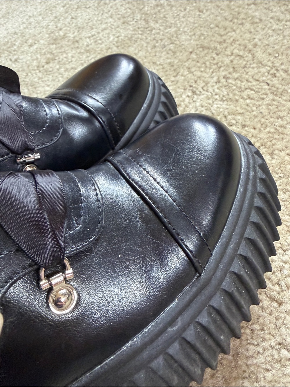 Vivianly Black Platform Lolita Zip Up Combat Boots with Ribbon Laces - Picture 5 of 8